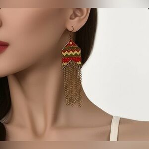 Red and Gold Tone Geometric Tassel Earrings